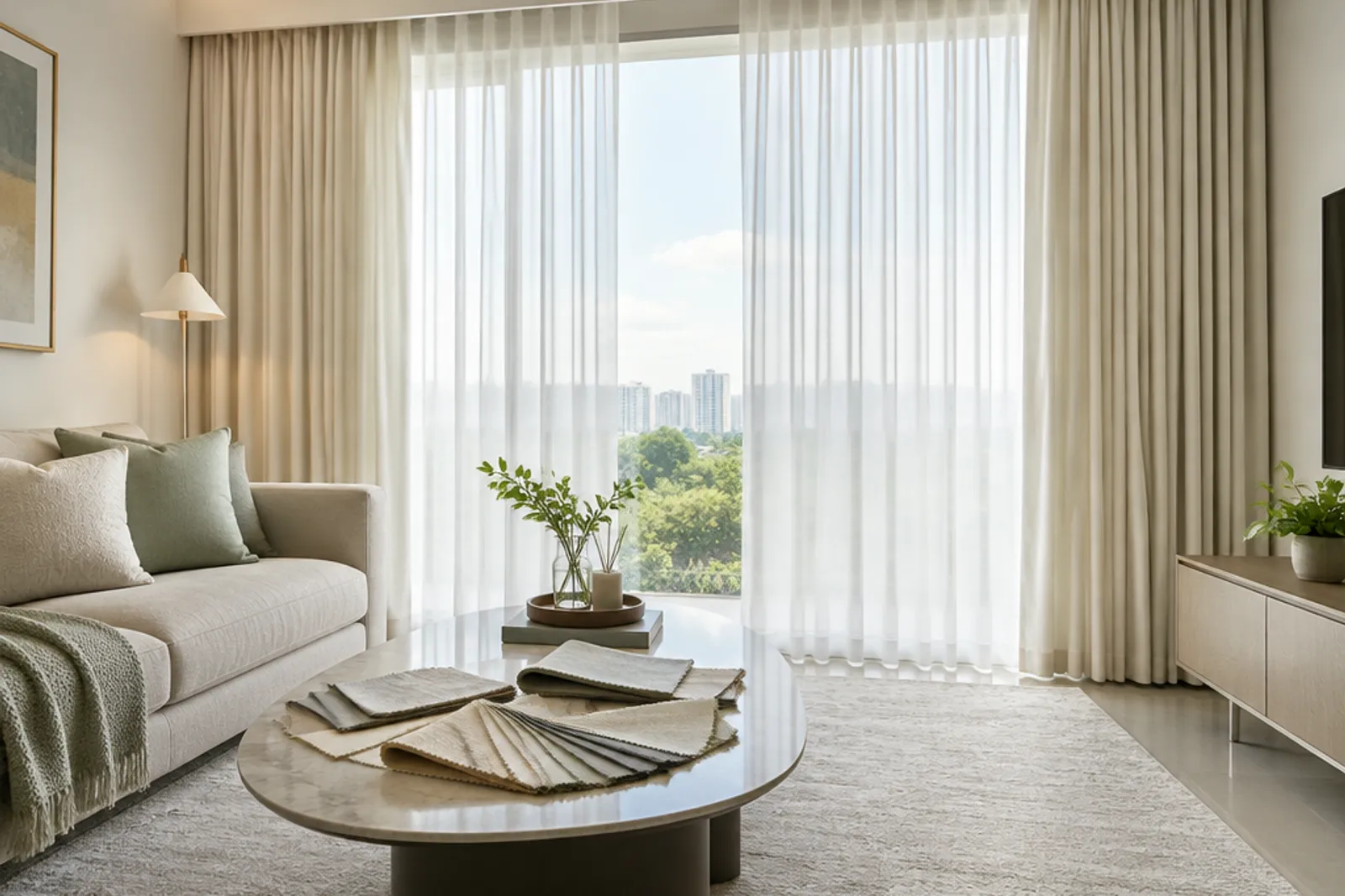 A bright Singapore living room with full-height curtains and sheers.