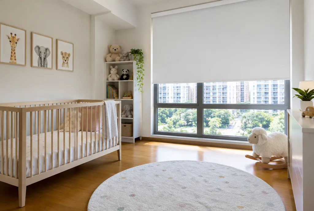 Child's bedroom with a cordless roller blind and the cot away from the window.