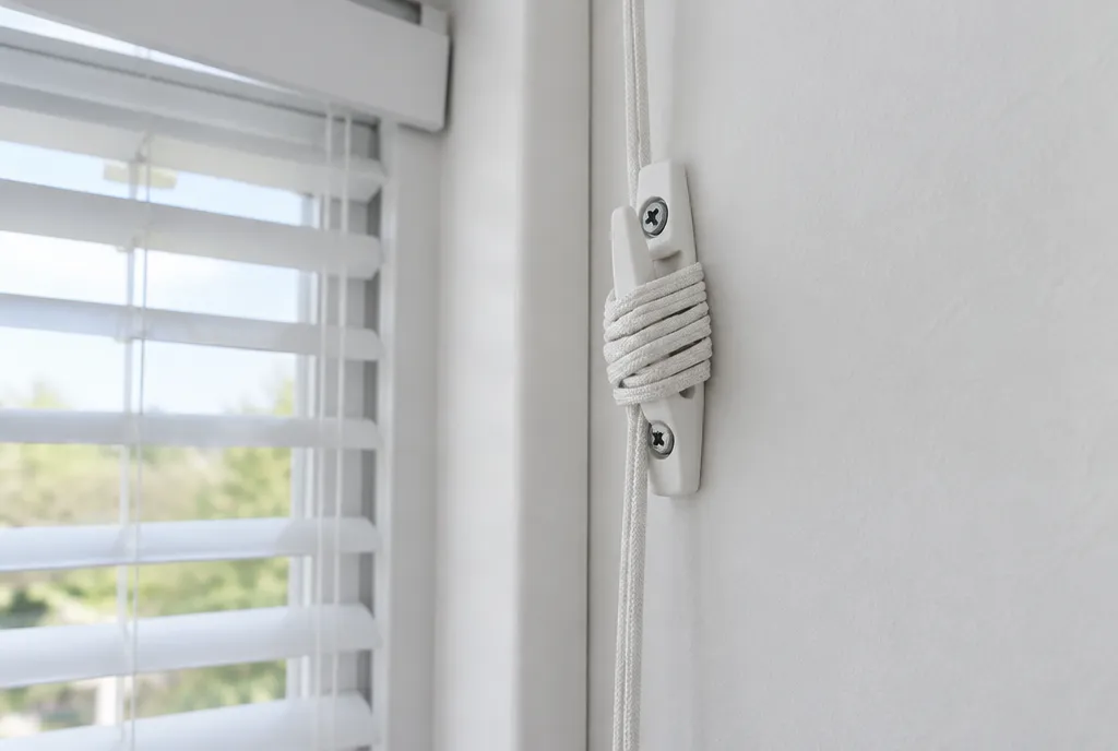 Blind cord wrapped around a cord cleat high on the wall.
