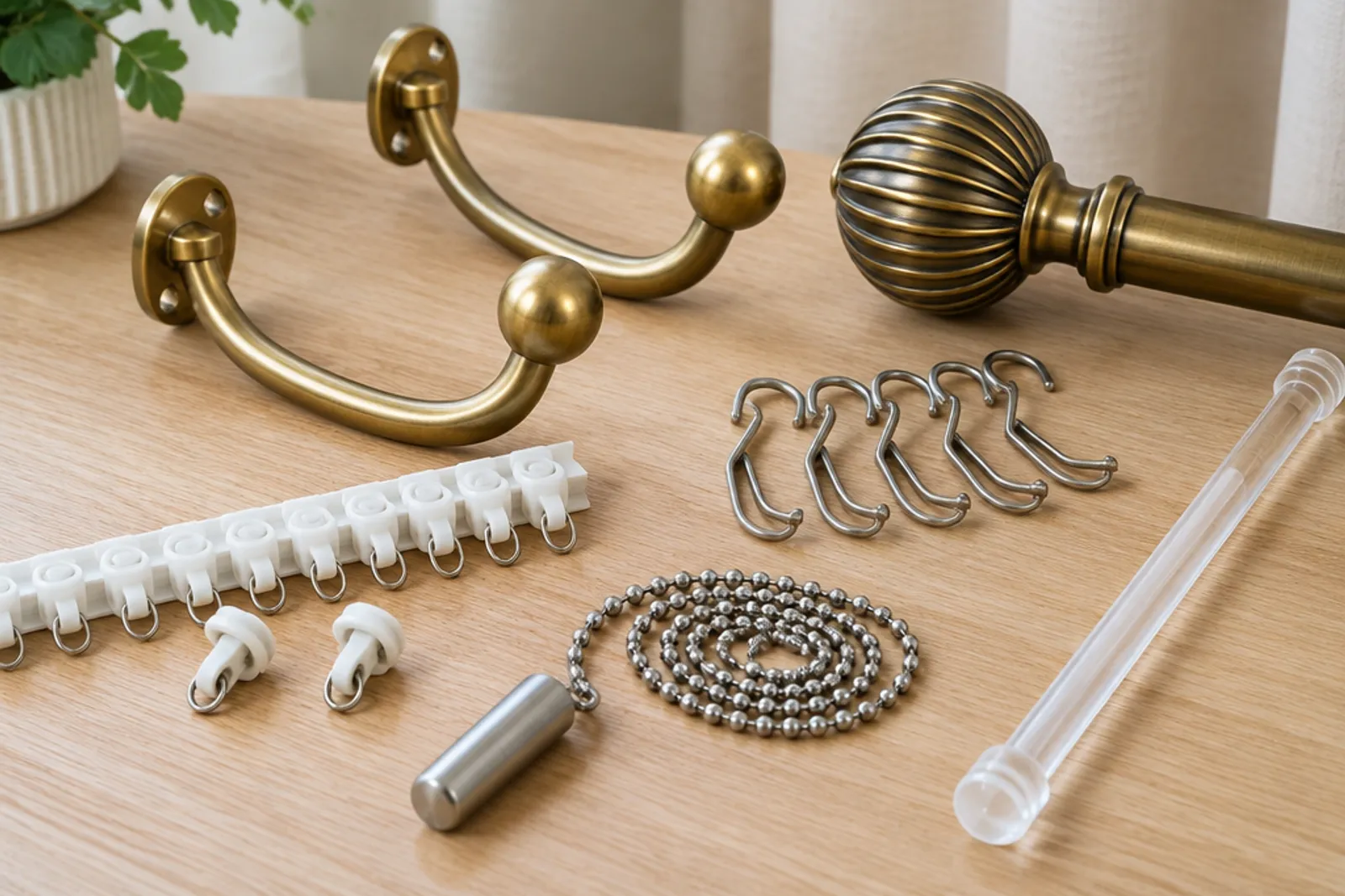 Brass tiebacks, curtain hooks, gliders, a finial, a weight chain and a clear wand on a wooden table.