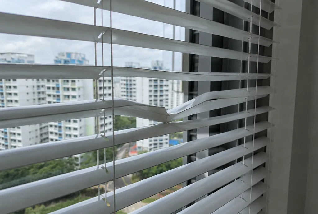 Venetian blind with one bent slat.