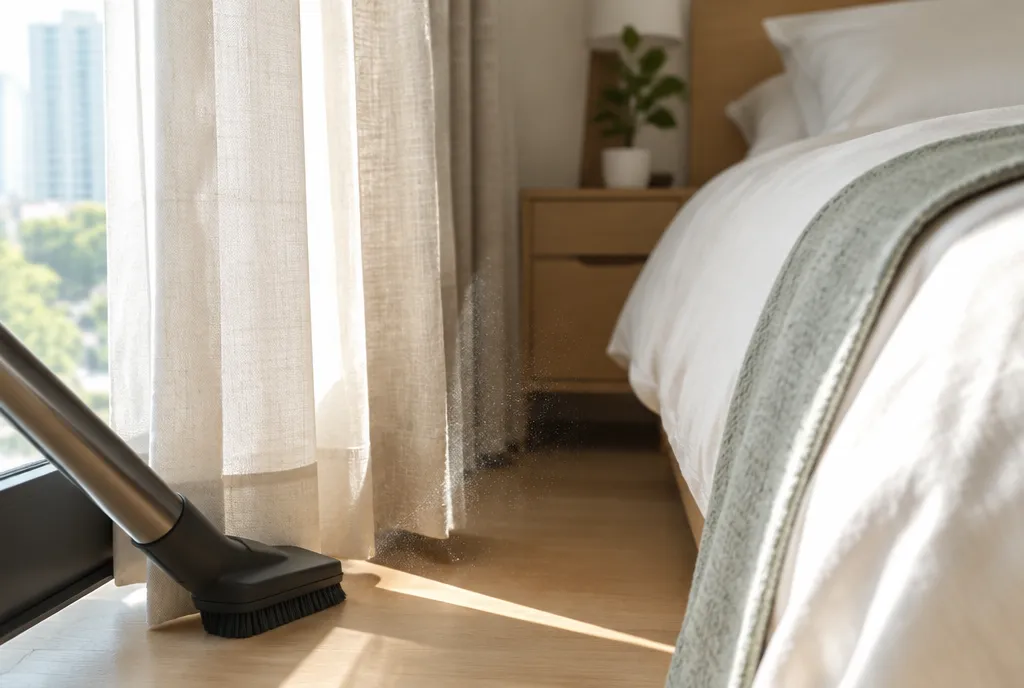 Bedroom curtains with dust visible in a sunbeam.