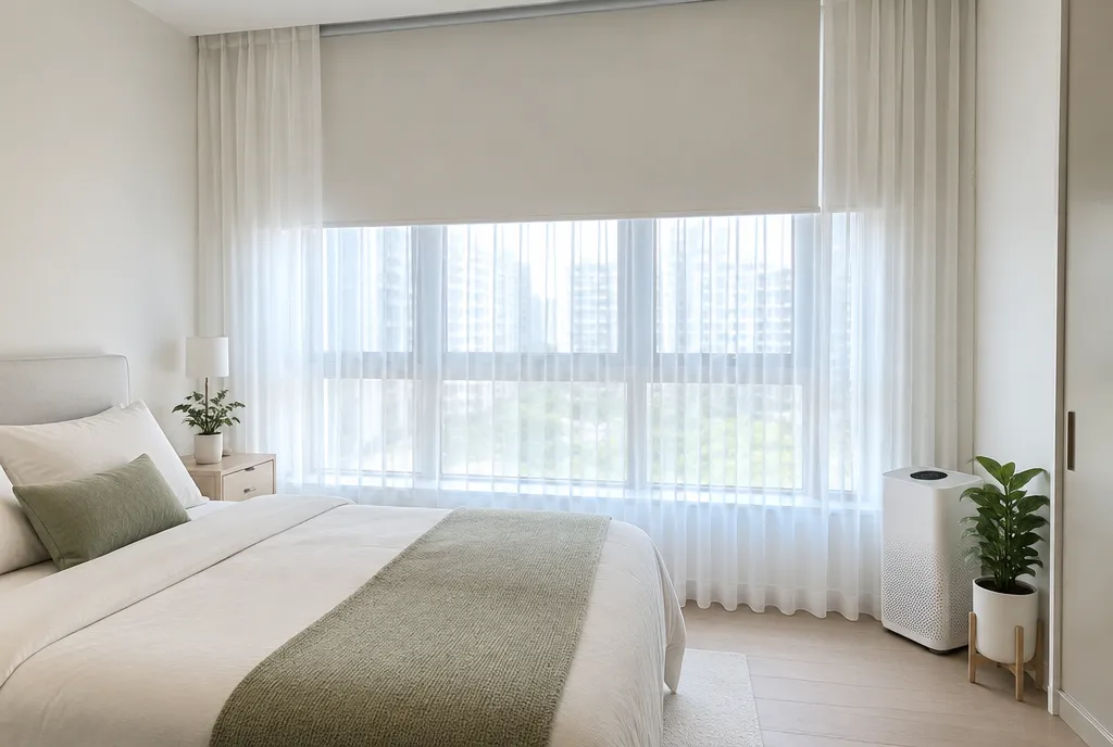 Allergy-friendly bedroom with roller blinds and washable sheers.