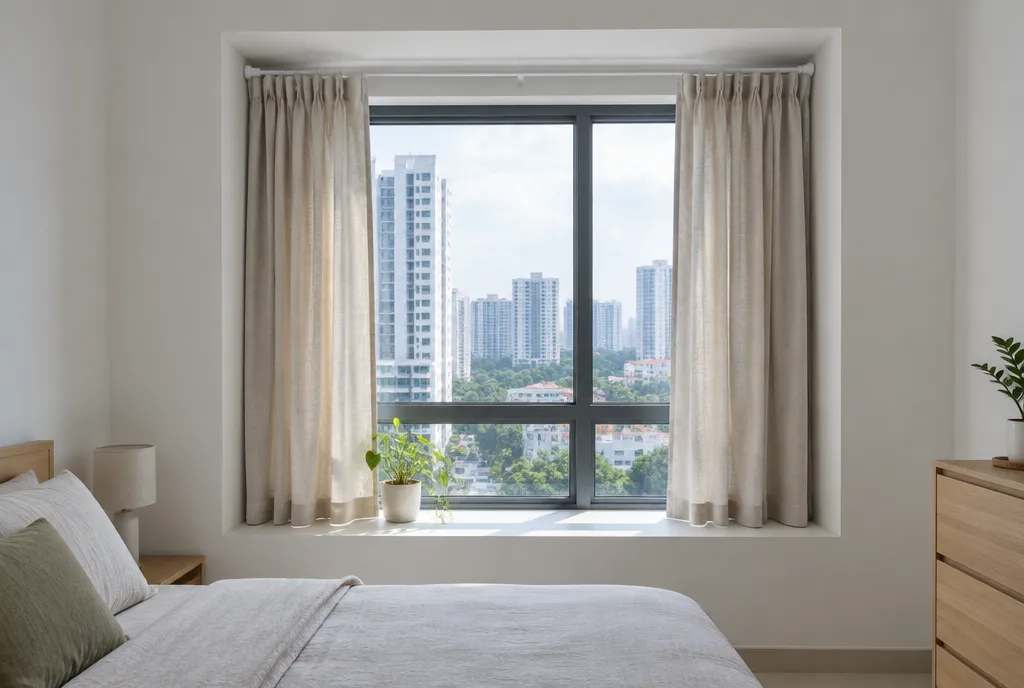 Linen-look curtains on a tension rod fitted inside a bedroom window recess, with no drilled brackets.