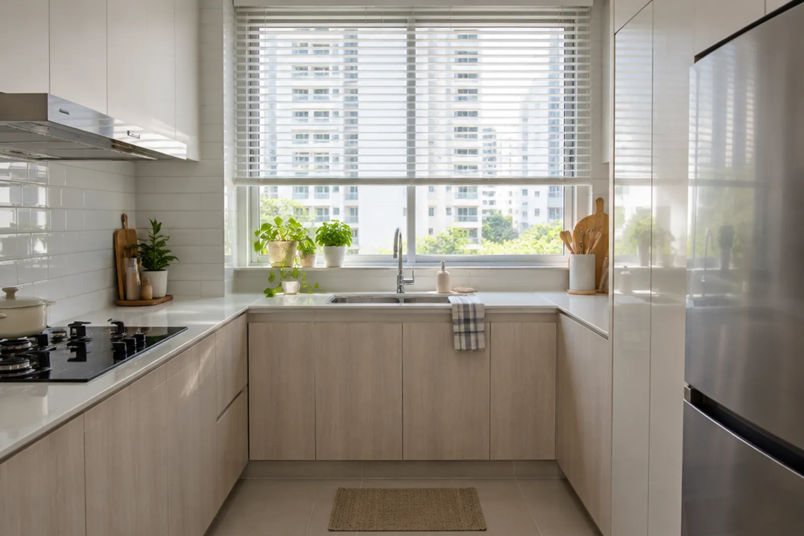 Kitchen window with a light window covering