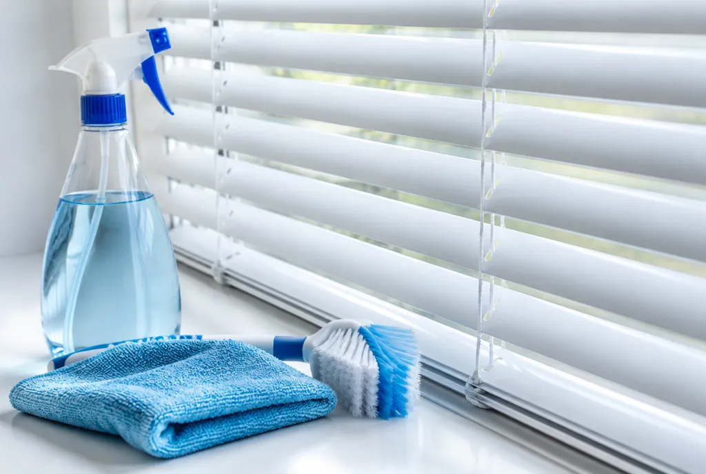 Cleaning supplies next to a venetian blind.
