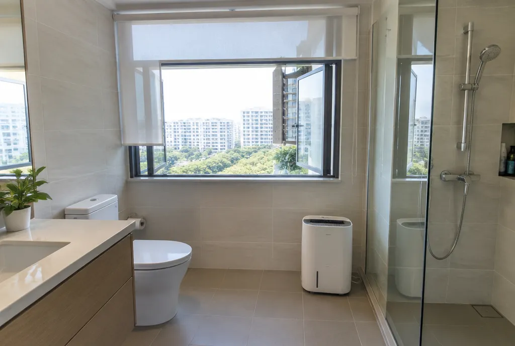 Ventilated bathroom with a PVC roller blind.