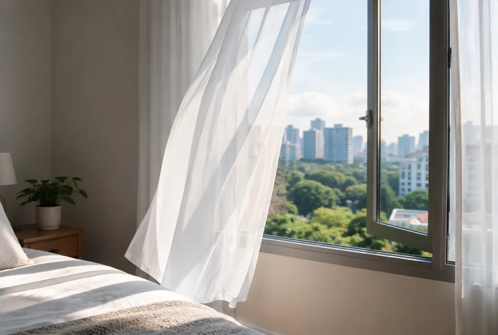 Breeze moving a clean sheer curtain at an open window.