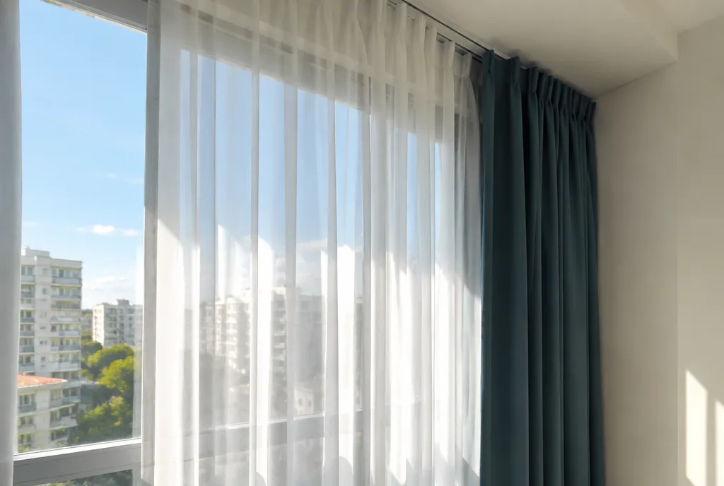 White sheer layered in front of a coloured night curtain.