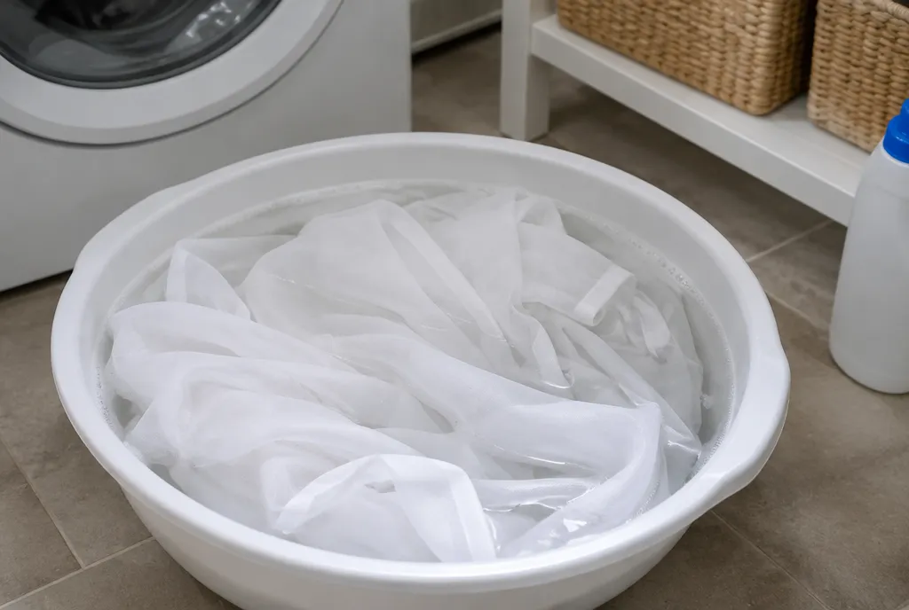 White sheers soaking in a basin with gentle detergent.