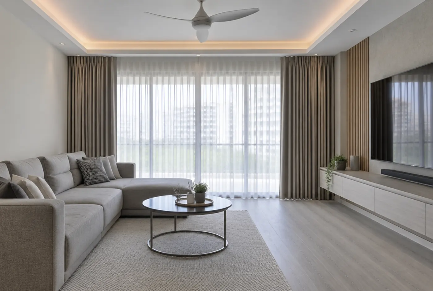 HDB Living Room Design: Greige S-Fold Day and Night Curtains