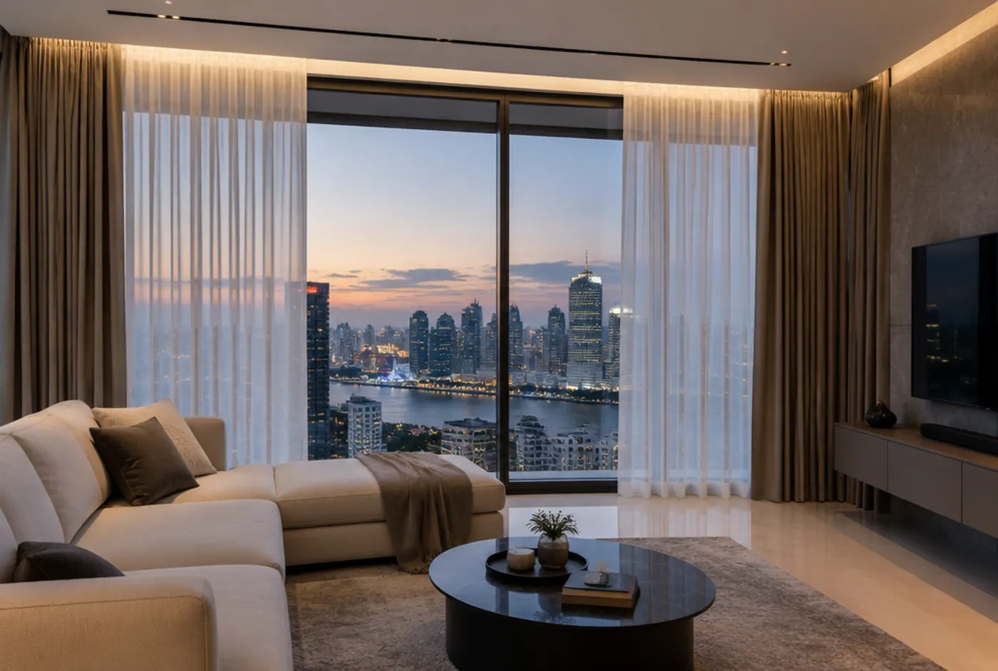 Condo Living Room Design: Full-Height Motorised Curtains