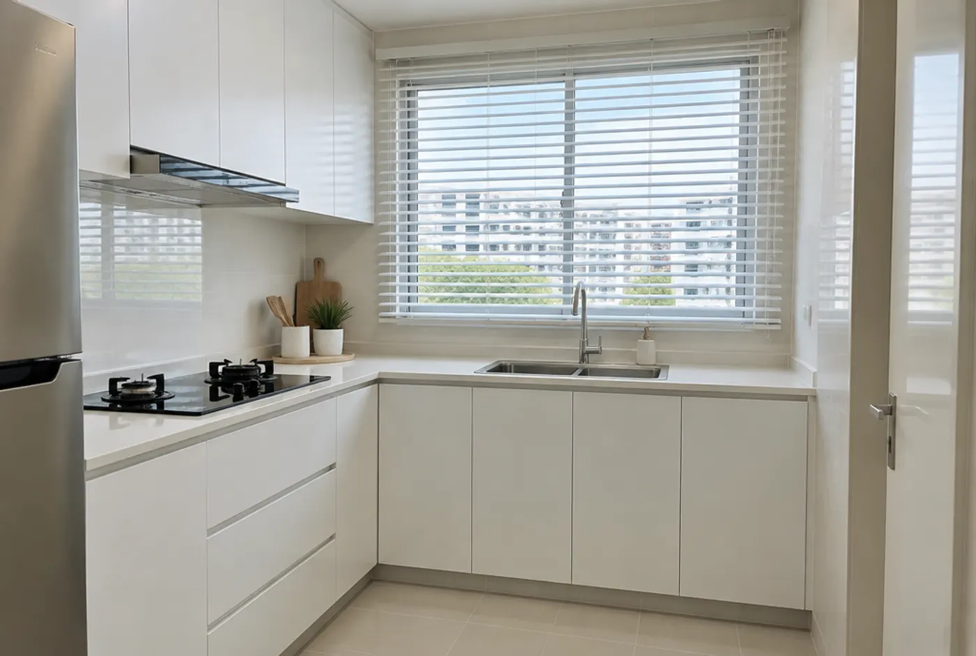 HDB Kitchen Idea: White Aluminium Venetian Blinds