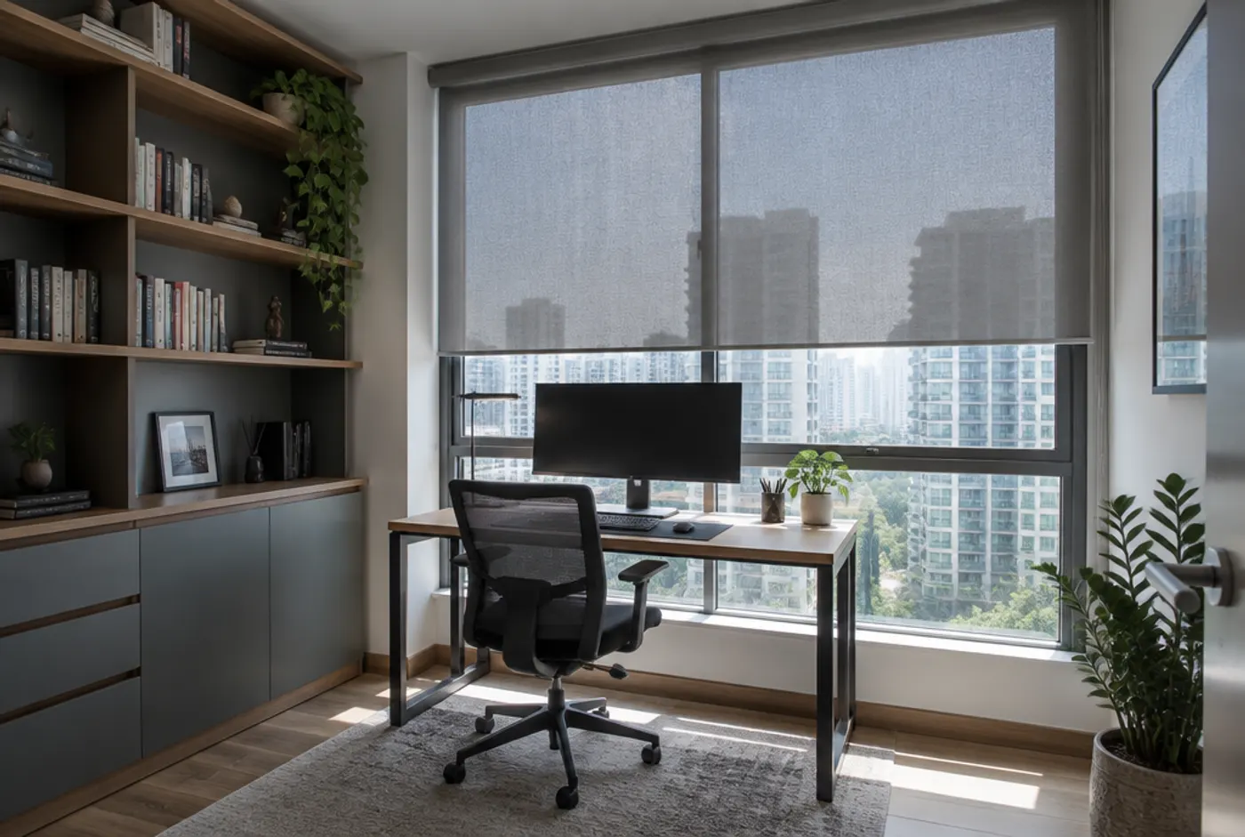 Study Room Design Idea: Grey Sunscreen Roller Blinds