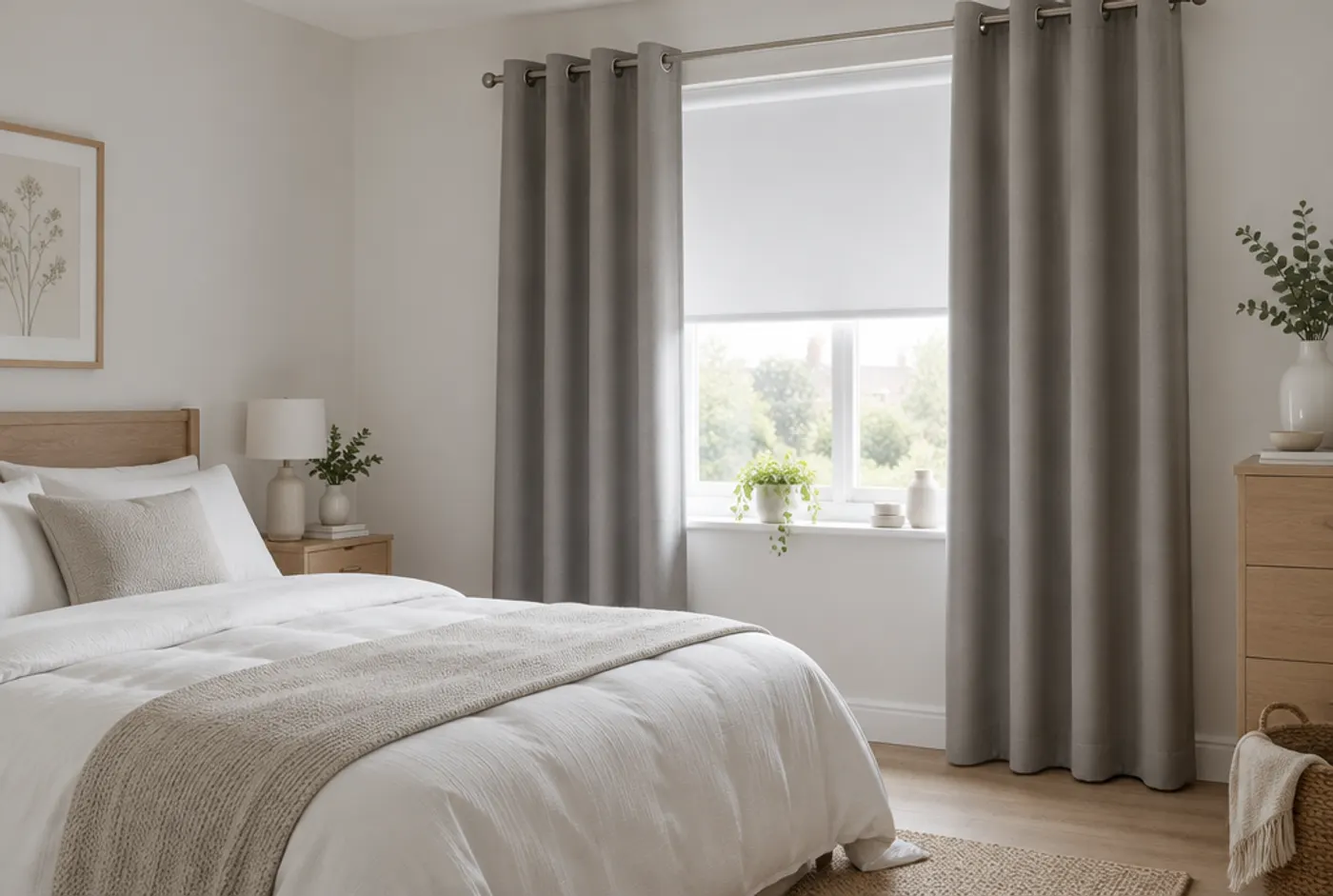 Scandinavian Bedroom Idea: Grey Eyelet Curtains Over a Roller Blind