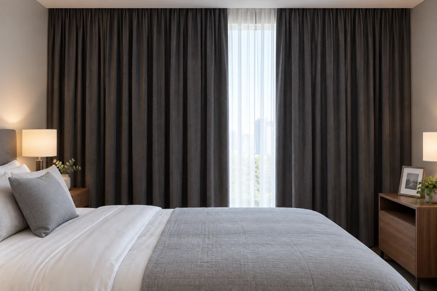 Grey curtains and sheers beside a bedroom window