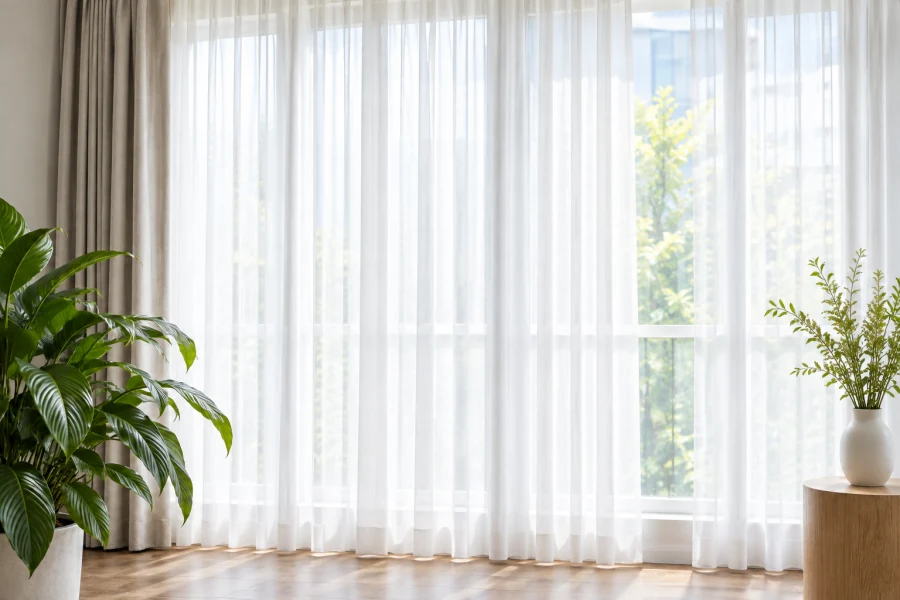 White sheers softening daylight beside indoor plants