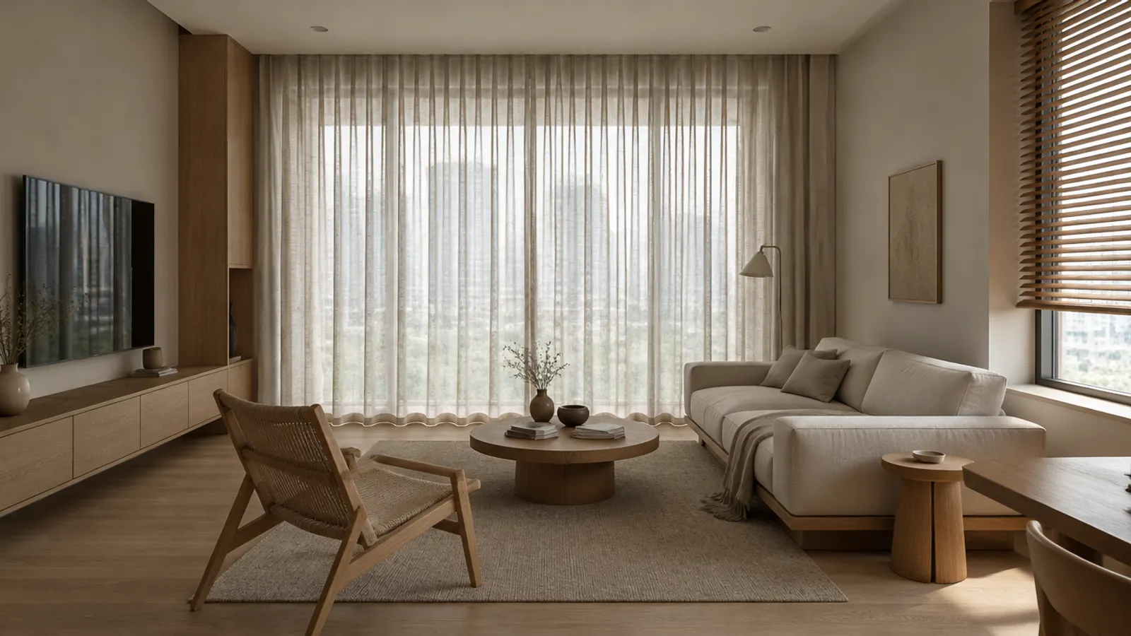 Oat linen-look ripple fold curtains on a concealed ceiling track beside light oak carpentry in a Japandi living room