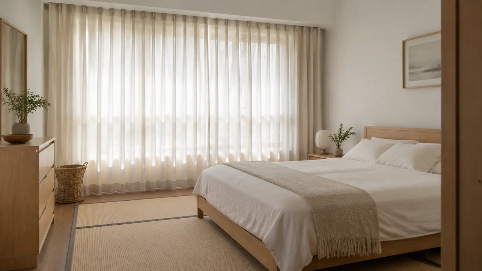 Plain off-white linen curtains beside a pale wood bench in a calm Japanese-style room