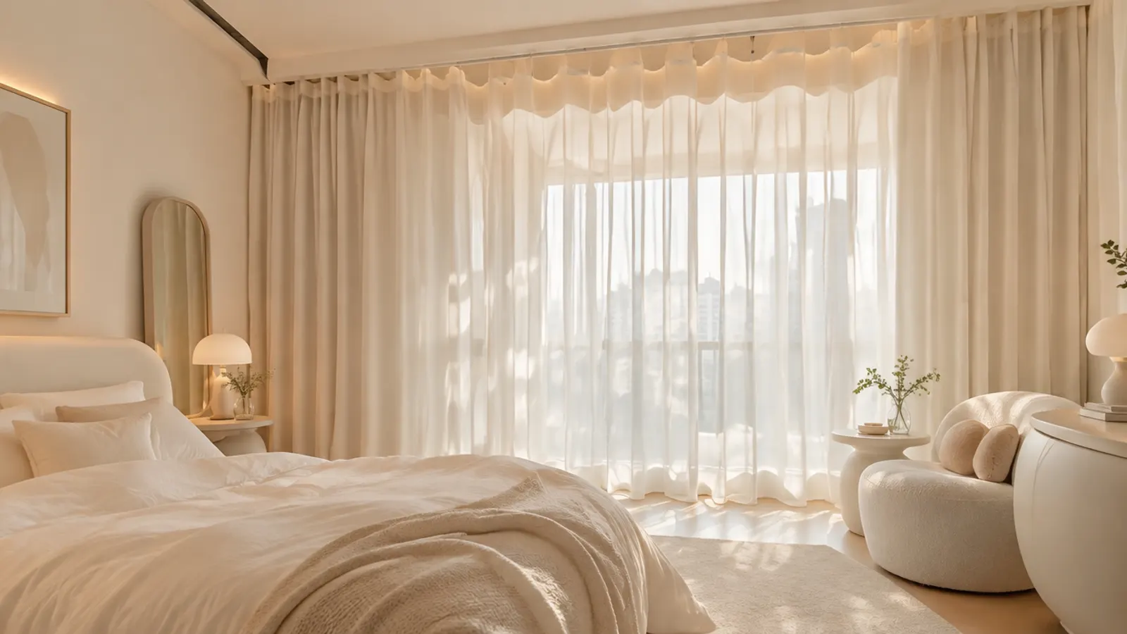 Floor-to-ceiling cream sheer curtains in soft wave folds across a bright living room window