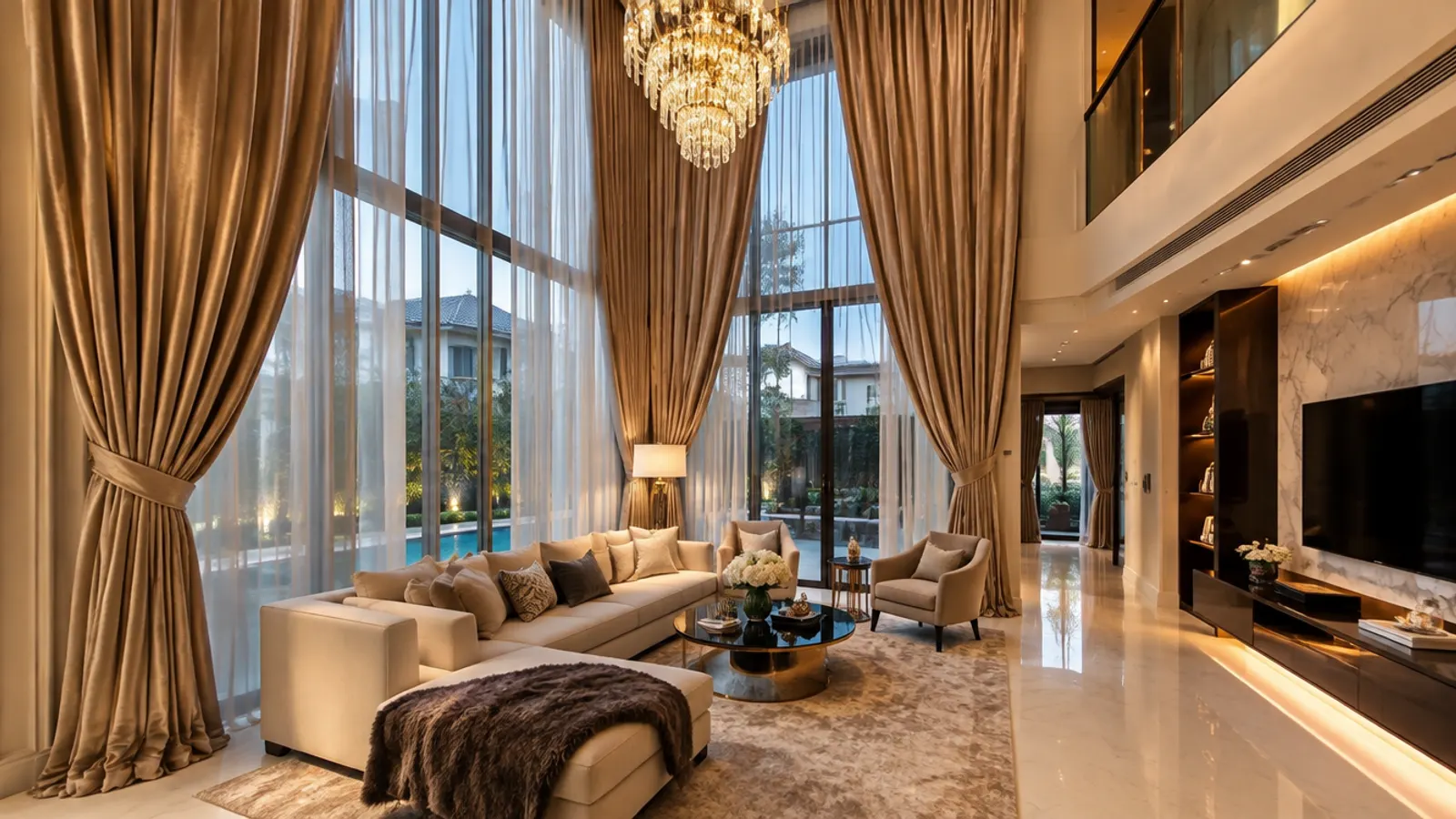 Full-length velvet pinch pleat curtains over layered sheers at a tall living room window
