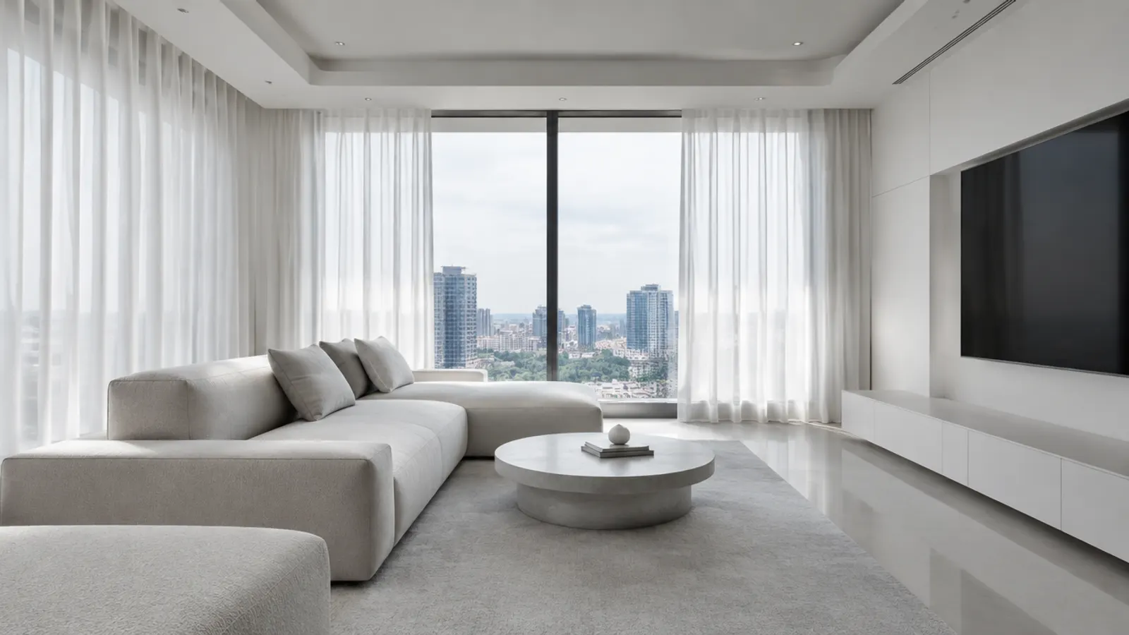 Floor-to-ceiling S-fold curtains in the same off-white as the wall, hung from a track recessed into the ceiling