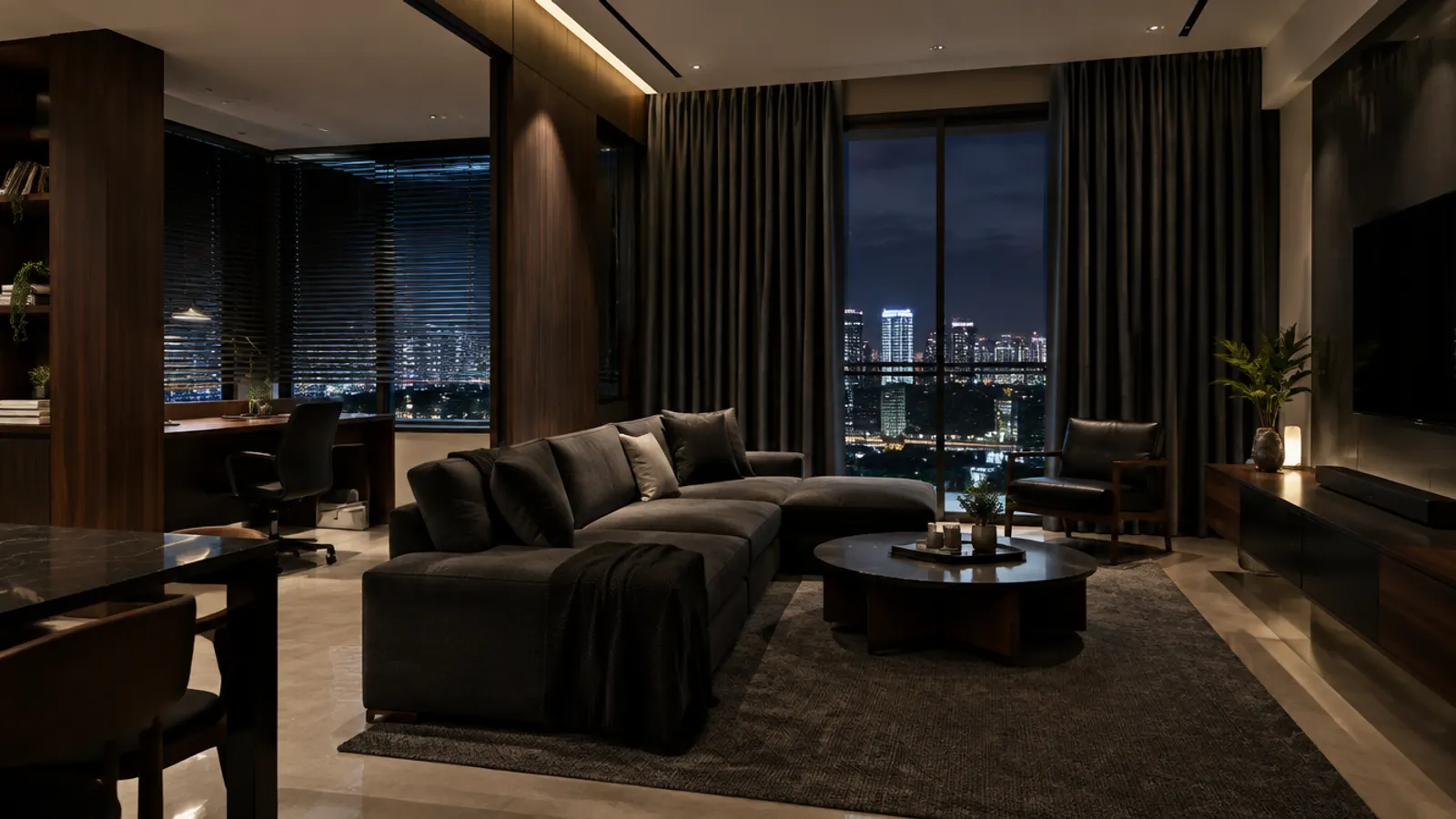 Charcoal ripple fold curtains on a recessed ceiling track beside black-framed sliding doors