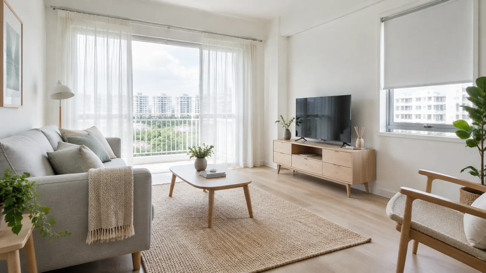 White sheer curtains on a slim light wood rod letting daylight into a pale grey Scandinavian living room
