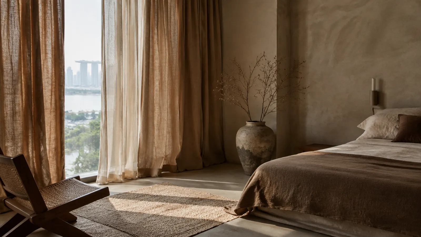 Unlined slub linen curtains in a clay tone hanging in soft, uneven folds against a limewashed wall